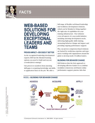 FACTS

WEB-BASED
SOLUTIONS FOR
DEVELOPING
EXCEPTIONAL
LEADERS AND
TEAMS
PROVEN IMPACT—DDI DOES IT BETTER
As the recognized leadership development
experts, DDI has the blended learning
options you need to build and execute
a results-driven strategy!
Our process is seamless: from assessing
skill gaps, to acquiring knowledge and skills,
to application back on the job. We offer a

full range of flexible web-based leadership
and workforce development solutions,
which can be blended to bring together
the right mix of capabilities for your
training infrastructure. Our solutions
cover all aspects of a successful initiative
including assessing development needs,
delivering high-quality skills training,
measuring behavior change and impact, and
providing ongoing performance support.
Plus, our proven competency-based solutions
are backed by world-class expertise and experience working with organizations around the
globe to develop nearly 16 million leaders.

BLENDING FOR BEHAVIOR CHANGE
DDI believes that the best approach to
developing effective leaders is to combine
modalities (classroom, web-based, online
performance support, practice labs that

FACTS — WEB-BASED SOLUTIONS FOR DEVELOPING
EXCEPTIONAL LEADERS AND TEAMS

MODEL—BLENDING FOR BEHAVIOR CHANGE

1
© Development Dimensions International, Inc., MMX-MMXII. All rights reserved.

 