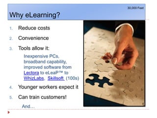 Why eLearning?  30,000 FeetReduce costsConvenienceTools allow it:	Inexpensive PCs, broadband capability,  improved software from Lectora to eLeaP™ to WhizLabs,  Skillsoft  (100s) Younger workers expect itCan train customers!	And…