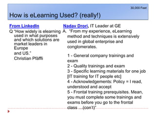 How is eLearning Used? (really!)30,000 FeetFrom LinkedIn Q “How widely is elearning used in what purposes and which solutions are market leaders in Europe 	and US.”Christian Pfäffli Nadav Drori, IT Leader at GEA.  “From my experience, eLearning method and techniques is extensively used in global enterprise and conglomerates. 1 - General company trainings and exam 2 - Quality trainings and exam 3 - Specific learning materials for one job [IT training for IT people etc] 4 - Acknowledgements: Policy = I read, understood and accept 5 - Frontal training prerequisites. Mean, you must complete some trainings and exams before you go to the frontal class …(con’t)”