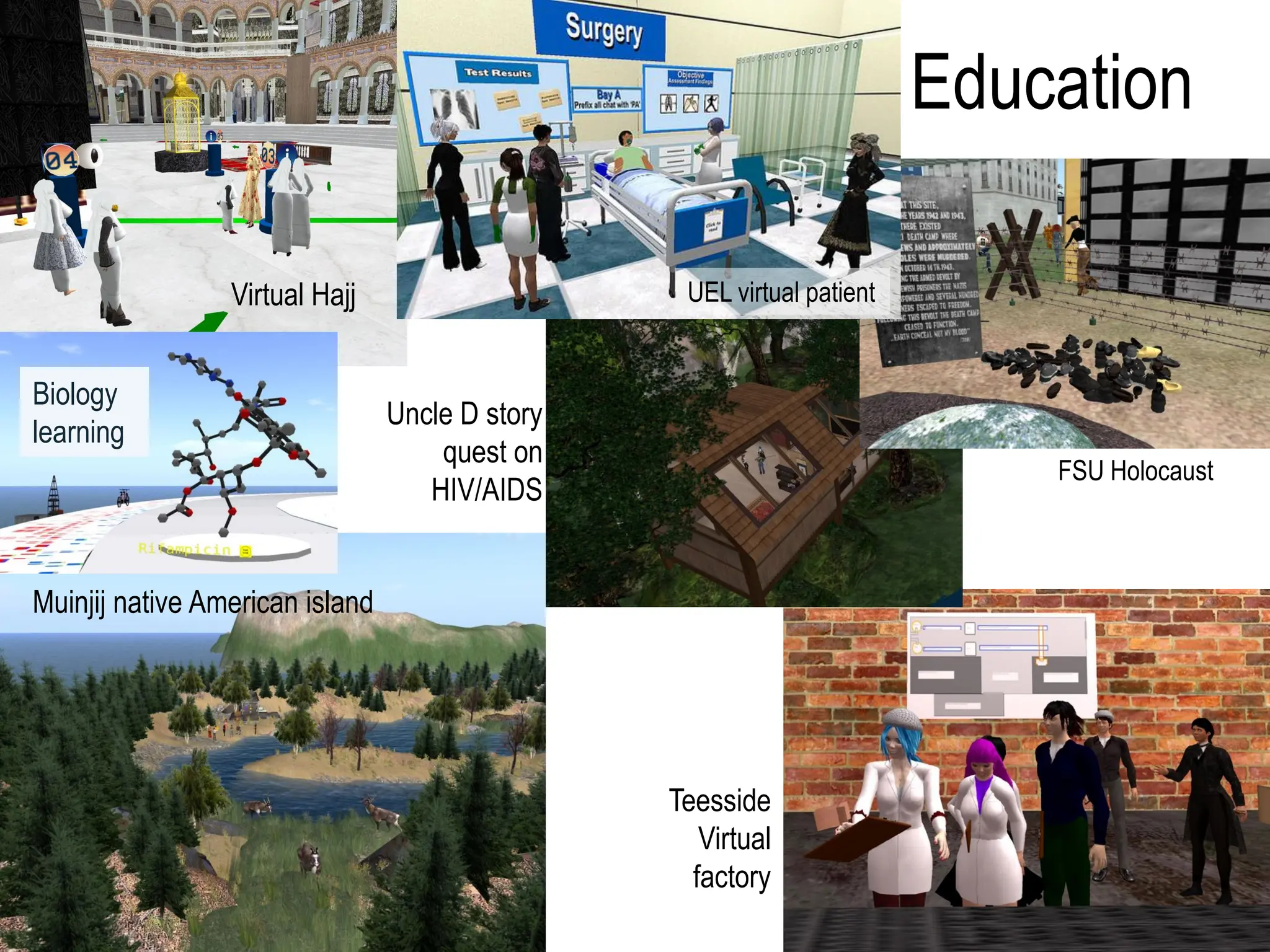 Education

                 Virtual Hajj                     UEL virtual patient


Biology
                                 Uncle D story
learning
                                     quest on
                                                                            FSU Holocaust
                                    HIV/AIDS


Muinjij native American island




                                                 Teesside
                                                    Virtual
                                                   factory
 