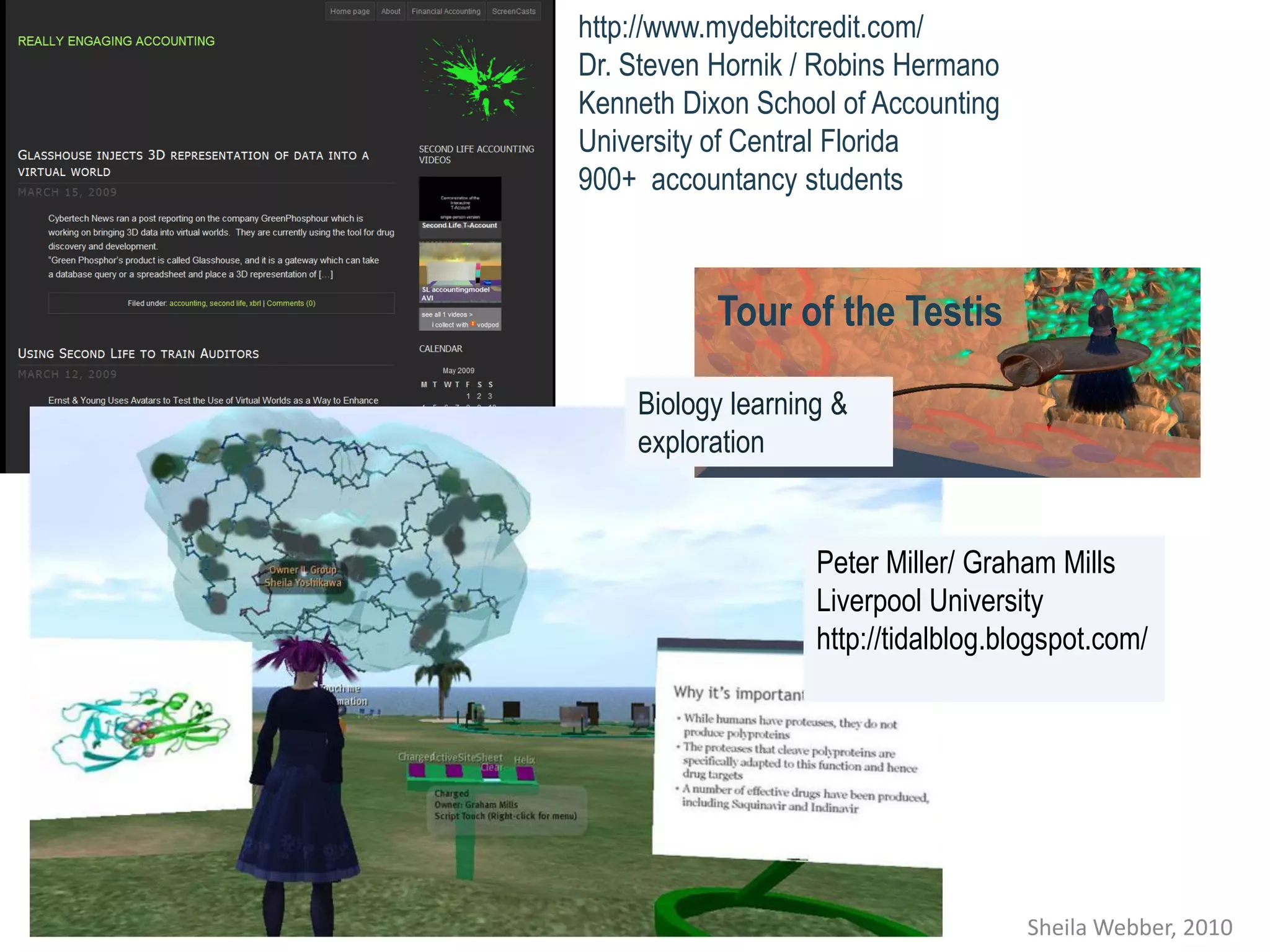 http://www.mydebitcredit.com/
Dr. Steven Hornik / Robins Hermano
Kenneth Dixon School of Accounting
University of Central Florida
900+ accountancy students



           Tour of the Testis

    Biology learning &
    exploration


                   Peter Miller/ Graham Mills
                   Liverpool University
                   http://tidalblog.blogspot.com/




                                      Sheila Webber, 2010
 