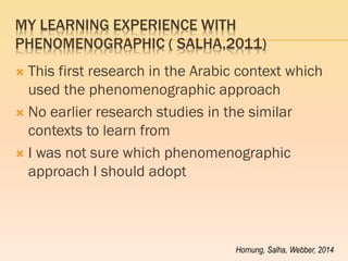 MY LEARNING EXPERIENCE WITH PHENOMENOGRAPHIC ( SALHA,2011) 
This first research in the Arabic context which used the phenomenographic approach 
No earlier research studies in the similar contexts to learn from 
I was not sure which phenomenographic approach I should adopt 
Hornung, Salha, Webber, 2014  