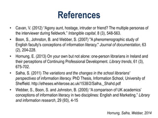References 
•Cavan, V. (2012) “Agony aunt, hostage, intruder or friend? The multiple personas of the interviewer during fieldwork.” Intangible capital, 8 (3), 548-563. 
•Boon, S., Johnston, B. and Webber, S. (2007) "A phenomenographic study of English faculty's conceptions of information literacy." Journal of documentation, 63 (2), 204-228. 
•Hornung, E. (2013) On your own but not alone: one-person librarians in Ireland and their perceptions of Continuing Professional Development. Library trends, 61 (3), 675-702. 
•Salha, S. (2011) The variations and the changes in the school librarians' perspectives of information literacy. PhD Thesis, Information School, University of Sheffield. http://etheses.whiterose.ac.uk/1538/2/Salha,_Shahd.pdf 
•Webber, S., Boon, S. and Johnston, B. (2005) “A comparison of UK academics’ conceptions of information literacy in two disciplines: English and Marketing.” Library and information research, 29 (93), 4-15 
Hornung, Salha, Webber, 2014 