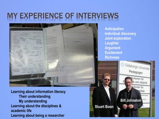 MY EXPERIENCE OF INTERVIEWS 
Stuart Boon 
Bill Johnston 
Anticipation Individual discovery Joint exploration Laughter Argument Excitement Richness 
Learning about information literacy 
Their understanding 
My understanding 
Learning about the disciplines & academic life 
Learning about being a researcher  
