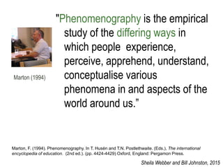 "Phenomenography is the empirical
study of the differing ways in
which people experience,
perceive, apprehend, understand,
conceptualise various
phenomena in and aspects of the
world around us.”
Marton (1994)
Marton, F. (1994). Phenomenography. In T. Husén and T.N. Postlethwaite. (Eds.), The international
encyclopedia of education. (2nd ed.). (pp. 4424-4429) Oxford, England: Pergamon Press.
Sheila Webber and Bill Johnston, 2015
 