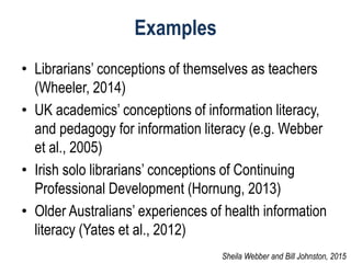 Examples
• Librarians’ conceptions of themselves as teachers
(Wheeler, 2014)
• UK academics’ conceptions of information literacy,
and pedagogy for information literacy (e.g. Webber
et al., 2005)
• Irish solo librarians’ conceptions of Continuing
Professional Development (Hornung, 2013)
• Older Australians’ experiences of health information
literacy (Yates et al., 2012)
Sheila Webber and Bill Johnston, 2015
 
