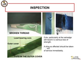 INSPECTION




                                               CUT
 BROKEN THREAD                                 S
      Load bearing core         Cuts, particularly at the selvedge
                                will result in a serious loss of
                                strength.
Outer cover
                                A sling so affected should be taken
                                    out
                                of service immediately.


      CUTS IN THE OUTER COVER
 