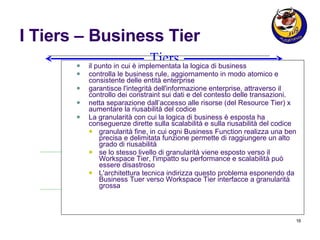 I Tiers – Business Tier il punto in cui è implementata la logica di business controlla le business rule, aggiornamento in modo atomico e consistente delle entità enterprise garantisce l'integrità dell'informazione enterprise, attraverso il controllo dei constraint sui dati e del contesto delle transazioni. netta separazione dall’accesso alle risorse (del Resource Tier) x aumentare la riusabilità del codice La granularità con cui la logica di business è esposta ha conseguenze dirette sulla scalabilità e sulla riusabilità del codice granularità fine, in cui ogni Business Function realizza una ben precisa e delimitata funzione permette di raggiungere un alto grado di riusabilità se lo stesso livello di granularità viene esposto verso il Workspace Tier, l'impatto su performance e scalabilità può essere disastroso L'architettura tecnica indirizza questo problema esponendo da Business Tuer verso Workspace Tier interfacce a granularità grossa user business workspace Tiers processi ed entità di business 