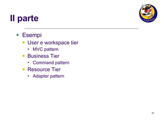II parte Esempi User e workspace tier MVC pattern Business Tier Command pattern  Resource Tier Adapter pattern 