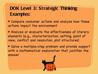 DOK Level 3: Strategic Thinking Examples: Compare consumer actions and analyze how these actions impact the environment Analyze or evaluate the effectiveness of literary elements (e.g., characterization, setting, point of view, conflict and resolution, plot structures) Solve a multiple-step problem and provide support with a mathematical explanation that justifies the answer 