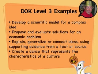 DOK Level 3 Examples Develop a scientific model for a complex idea Propose and evaluate solutions for an economic problem Explain, generalize or connect ideas, using supporting evidence from a text or source Create a dance that represents the characteristics of a culture 