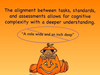 The alignment between tasks, standards, and assessments allows for cognitive complexity with a deeper understanding. Low DOK “ A mile wide and an inch deep” 