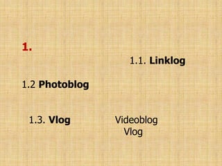 ประเภทของบล็อกแบ่งออกได้ ดังต่อไปนี้แบ่งตามลักษณะของมิเดียที่มีในบล็อก ได้แก่1.1. Linklogเป็นบล็อกที่รวมลิ๊งก์ที่เจ้าของบล็อกสนใจเอาไว้  1.2 Photoblogบล็อกประเภทนี้เน้นในโพสต์ภาพถ่ายที่เจ้าของบล็อกอยากนำเสนอ และมักจะไม่เน้นที่จะเขียนข้อความมากนัก 1.3. Vlogย่อมาจาก Videoblogเป็นบล็อกที่รวมวิดีโอคลิปไว้ในบล็อก Vlogเป็นบล็อกที่เรียกได้ว่าเป็นบล็อกที่นิยมทำกันมากในอนาคต เพราะการเจริญเติบโตของไฮสปีด อินเตอร์เน็ต หรือ อินเตอร์เน็ตบอร์ดแบนด์ ที่ทำให้การถ่ายทอดเสียง ภาพเคลื่อนไหว movie