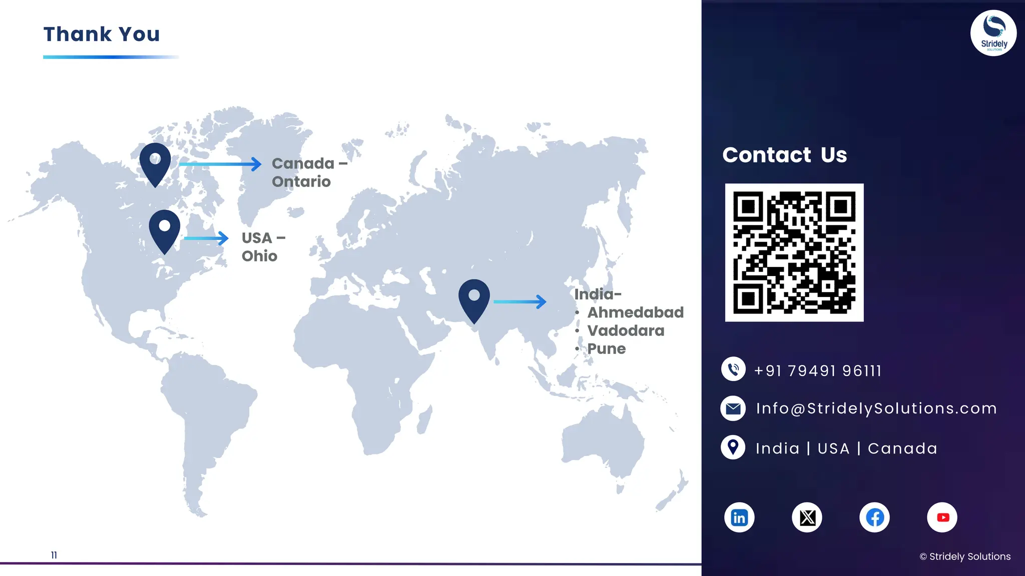 © Stridely Solutions
11 © Stridely Solutions
Contact Us
Info@StridelySolutions.com
India | USA | Canada
+91 79491 96111
Canada –
Ontario
USA –
Ohio
India-
• Ahmedabad
• Vadodara
• Pune
https://www.linkedin.com/company/stridelysolutions/
https://www.linkedin.com/company/stridelysolutions/
https://twitter.com/stridelysol
https://twitter.com/stridelysol
https://www.facebook.com/stridelysolutions/
https://www.facebook.com/stridelysolutions/ https://www.youtube.com/channel/UCgiV6zSzFjUgeNoF5vMLi9w
https://www.youtube.com/channel/UCgiV6zSzFjUgeNoF5vMLi9w
Thank You
 