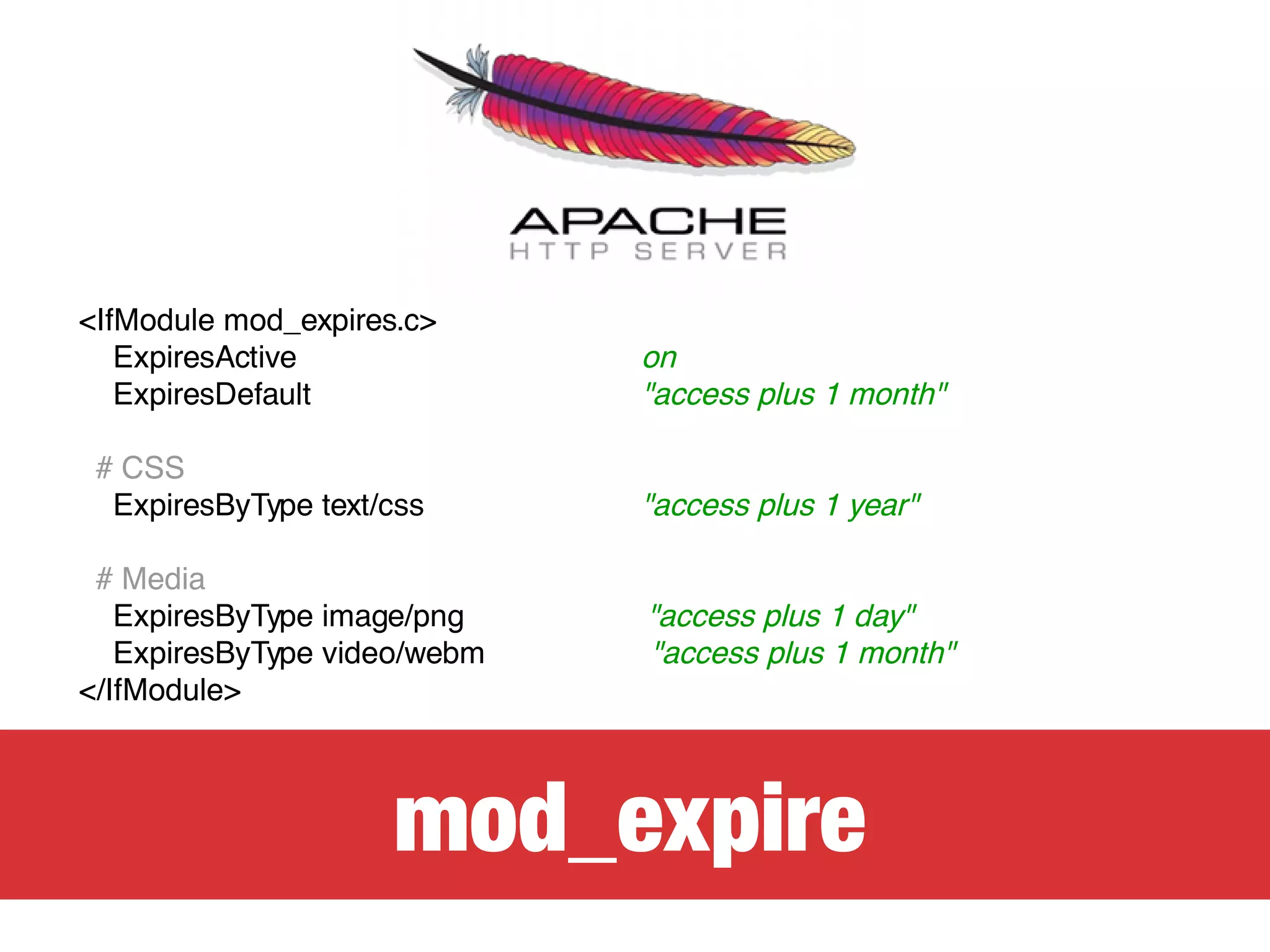 <IfModule mod_expires.c> 
ExpiresActive on 
ExpiresDefault "access plus 1 month" 
# CSS 
ExpiresByType text/css "access plus 1 year" 
# Media 
ExpiresByType image/png "access plus 1 day" 
ExpiresByType video/webm "access plus 1 month" 
</IfModule> 
mod_expire 
 