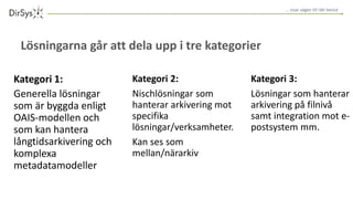 … visar vägen till rätt beslut
Kategori 1:
Generella lösningar
som är byggda enligt
OAIS-modellen och
som kan hantera
långtidsarkivering och
komplexa
metadatamodeller
Lösningarna går att dela upp i tre kategorier
Kategori 3:
Lösningar som hanterar
arkivering på filnivå
samt integration mot e-
postsystem mm.
Kategori 2:
Nischlösningar som
hanterar arkivering mot
specifika
lösningar/verksamheter.
Kan ses som
mellan/närarkiv
 
