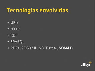 Tecnologias envolvidas 
● URIs 
● HTTP 
● RDF 
● SPARQL 
● RDFa, RDF/XML, N3, Turtle, JSON-LD 
 