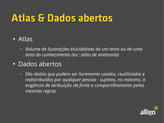 Atlas & Dados abertos 
● Atlas 
– Volume de ilustrações elucidativas de um texto ou de uma 
área do conhecimento (ex.: atlas de anatomia) 
● Dados abertos 
– São dados que podem ser livremente usados, reutilizados e 
redistribuídos por qualquer pessoa - sujeitos, no máximo, à 
exigência de atribuição da fonte e compartilhamento pelas 
mesmas regras 
 