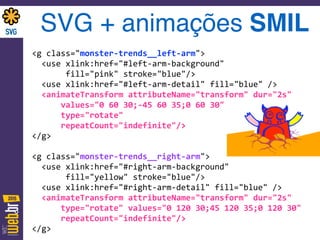 SVG + animações SMIL
<g	
  class="monster-­‐trends__left-­‐arm">	
  
	
  	
  <use	
  xlink:href="#left-­‐arm-­‐background"	
   
	
  	
  	
  	
  	
  	
  	
  fill="pink"	
  stroke="blue"/>	
  
	
  	
  <use	
  xlink:href="#left-­‐arm-­‐detail"	
  fill="blue"	
  />	
  
	
  	
  <animateTransform	
  attributeName="transform"	
  dur="2s"	
  	
  
	
  	
  	
  	
  	
  	
  values="0	
  60	
  30;-­‐45	
  60	
  35;0	
  60	
  30"	
   
	
  	
  	
  	
  	
  	
  type="rotate"	
   
	
  	
  	
  	
  	
  	
  repeatCount="indefinite"/>	
  	
  	
  	
  	
  
</g>	
  
<g	
  class="monster-­‐trends__right-­‐arm">	
  
	
  	
  <use	
  xlink:href="#right-­‐arm-­‐background"	
   
	
  	
  	
  	
  	
  	
  	
  fill="yellow"	
  stroke="blue"/>	
  
	
  	
  <use	
  xlink:href="#right-­‐arm-­‐detail"	
  fill="blue"	
  />	
  
	
  	
  <animateTransform	
  attributeName="transform"	
  dur="2s"	
  	
  
	
  	
  	
  	
  	
  	
  type="rotate"	
  values="0	
  120	
  30;45	
  120	
  35;0	
  120	
  30"	
   
	
  	
  	
  	
  	
  	
  repeatCount="indefinite"/>	
  
</g>
 