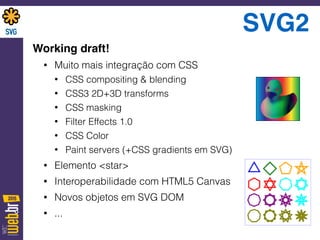 SVG2
Working draft!
• Muito mais integração com CSS
• CSS compositing & blending
• CSS3 2D+3D transforms
• CSS masking
• Filter Effects 1.0
• CSS Color
• Paint servers (+CSS gradients em SVG)
• Elemento <star>
• Interoperabilidade com HTML5 Canvas
• Novos objetos em SVG DOM
• ...
 