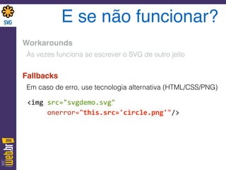 E se não funcionar?
Workarounds
Às vezes funciona se escrever o SVG de outro jeito
Fallbacks
Em caso de erro, use tecnologia alternativa (HTML/CSS/PNG)
<img	
  src="svgdemo.svg"	
   
	
  	
  	
  	
  	
  onerror="this.src='circle.png'"/>
 