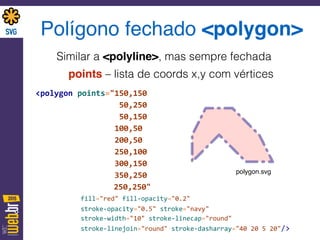 Polígono fechado <polygon>
Similar a <polyline>, mas sempre fechada
points – lista de coords x,y com vértices
<polygon	
  points="150,150	
  
	
  	
  	
  	
  	
  	
  	
  	
  	
  	
  	
  	
  	
  	
  	
  	
  	
  	
  50,250	
  
	
  	
  	
  	
  	
  	
  	
  	
  	
  	
  	
  	
  	
  	
  	
  	
  	
  	
  50,150	
  
	
  	
  	
  	
  	
  	
  	
  	
  	
  	
  	
  	
  	
  	
  	
  	
  	
  100,50	
   
	
  	
  	
  	
  	
  	
  	
  	
  	
  	
  	
  	
  	
  	
  	
  	
  	
  200,50	
  
	
  	
  	
  	
  	
  	
  	
  	
  	
  	
  	
  	
  	
  	
  	
  	
  	
  250,100	
  
	
  	
  	
  	
  	
  	
  	
  	
  	
  	
  	
  	
  	
  	
  	
  	
  	
  300,150	
  
	
  	
  	
  	
  	
  	
  	
  	
  	
  	
  	
  	
  	
  	
  	
  	
  	
  350,250	
  
	
  	
  	
  	
  	
  	
  	
  	
  	
  	
  	
  	
  250,250"	
   
	
   	
   fill="red"	
  fill-­‐opacity="0.2"	
  	
   
	
   	
   stroke-­‐opacity="0.5"	
  stroke="navy"	
   
	
   	
   stroke-­‐width="10"	
  stroke-­‐linecap="round"	
   
	
   	
   stroke-­‐linejoin="round"	
  stroke-­‐dasharray="40	
  20	
  5	
  20"/>	
  
polygon.svg
 