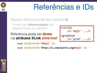 Referências e IDs
Objetos referenciáveis têm atributo id
Podem ser referenciados 'por  
objetos locais ou remotos
Referência pode ser direta  
via atributos XLink xlink:href
	
  	
  	
  <use	
  xlink:href="#obj1"	
  />	
  
	
  	
  	
  <use	
  xlink:href="http://w.com/outro.svg#obj1"	
  />
<circle	
   
	
  	
  	
  	
  id="obj1"	
  .../>	
  
<gradient	
   
	
  	
  	
  	
  id="grad"	
  .../>
 