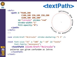 <defs> 
	
  	
  	
  <path	
  d="M100,200	
   
	
  	
  	
  	
  	
  	
  	
  	
  	
  	
  	
  	
  C100,100	
  250,100	
  250,200 
	
  	
  	
  	
  	
  	
  	
  	
  	
  	
  	
  	
  S100,300	
  100,200"	
   
	
  	
  	
  	
  	
  	
  	
  	
  	
  id="circulo"	
  stroke="red"	
  	
  
	
  	
  	
  	
  	
  	
  	
  	
  	
  stroke-­‐width="1"	
  	
  
	
  	
  	
  	
  	
  	
  	
  	
  	
  fill-­‐opacity="0"> 
	
  	
  	
  </path> 
</defs>	
  
...	
  
 
<use	
  xlink:href="#circulo"	
  stroke-­‐dasharray="5	
  5"	
  /> 
<text	
  font-­‐size="15"	
  x="100"	
  dy="-­‐10"	
  id="texto"	
  	
  
	
  	
  	
  	
  	
  	
  font-­‐family="monospace"> 
	
  	
  	
  <textPath	
  xlink:href="#circulo">	
  
	
   palavras	
  que	
  giram	
  confundem	
  as	
  letras	
  
	
  	
  	
  </textPath> 
</text>
<textPath>
 