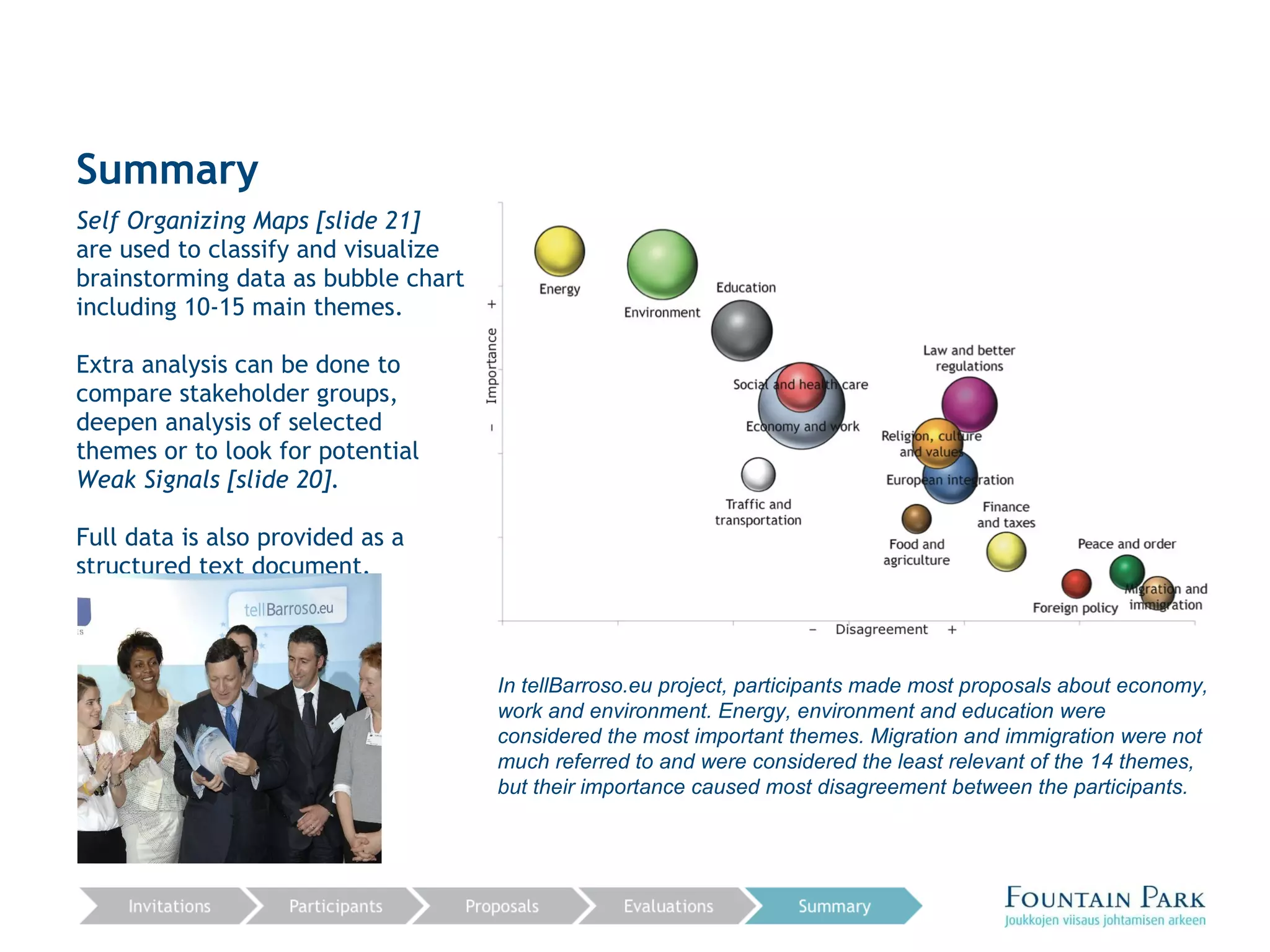 Summary Self Organizing Maps [slide 21]  are used to   classify and visualize brainstorming data as bubble chart including 10-15 main themes.  Extra analysis can be done to compare stakeholder groups,  deepen analysis of selected themes or to look for potential  Weak Signals [slide 20]. Full data is also provided as a structured text document. In tellBarroso.eu project, participants made most proposals about economy, work and environment. Energy, environment and education were considered the most important themes. Migration and immigration were not much referred to and were considered the least relevant of the 14 themes, but their importance caused most disagreement between the participants. 