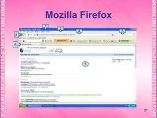 20หมายเลข 5Menu Bar เป็นส่วนของกลุ่มเมนูคำสั่งต่างๆ                                       ที่ช่วยอำนวยความสะดวกในการใช้งานหมายเลข 6Tab Bar เป็นส่วนที่ใช้สำหรับจัดการแท็บของการเปิดดูหน้าเว็บเพจใหม่ โดยที่ไม่ต้องเปิดInternet Explorer ขึ้นมาใหม่ หรือจะปิดแท็บหมายเลข 7Command Bar เป็นส่วนที่กลุ่มเมนูคำสั่งแบบด่วน  ซึ่งช่วยให้เรา    ใช้งาน   Internet Explorer ได้ง่าย และสะดวก รวดเร็วมากยิ่งขึ้นหมายเลข 8เรียกว่า Web View Area เป็นส่วนที่ใช้ในการแสดงผลหน้าเว็บเพจ     ที่เราเปิดดู