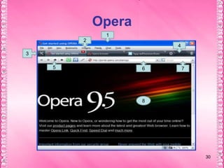 29หมายเลข 5Search Bar เป็นส่วนที่ใช้สำหรับค้นหาข้อมูลในอินเตอร์เน็ต โดยที่เราไม่ต้องเข้าไปที่หน้าเว็บเพจของSearch Engine Provider เจ้านั้นๆ ซึ่งจะมี Search Engine Provider เอาไว้ให้เราเลือกใช้มากมายหมายเลข 6 Bookmarks Bar เป็นส่วนที่ช่วยให้เราเปิด หรือเข้าถึงเว็บที่เราชื่นชอบหรือ Bookmarks ไว้ได้ง่าย สะดวกและรวดเร็วยิ่งขึ้นหมายเลข 7 Web View Area เป็นส่วนที่ใช้ในการแสดงผลหน้าเว็บเพจ                   ที่เราเปิดดู