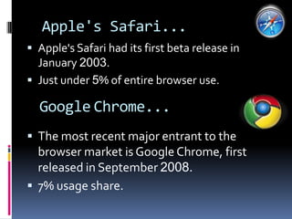 In 1998 Netscape lunched to  what was  and become Mozilla Foundation.In 2004 Mozilla 1.0 version was released and there after all versions.It has 7.4 % of browser use.Mozilla Firefox...