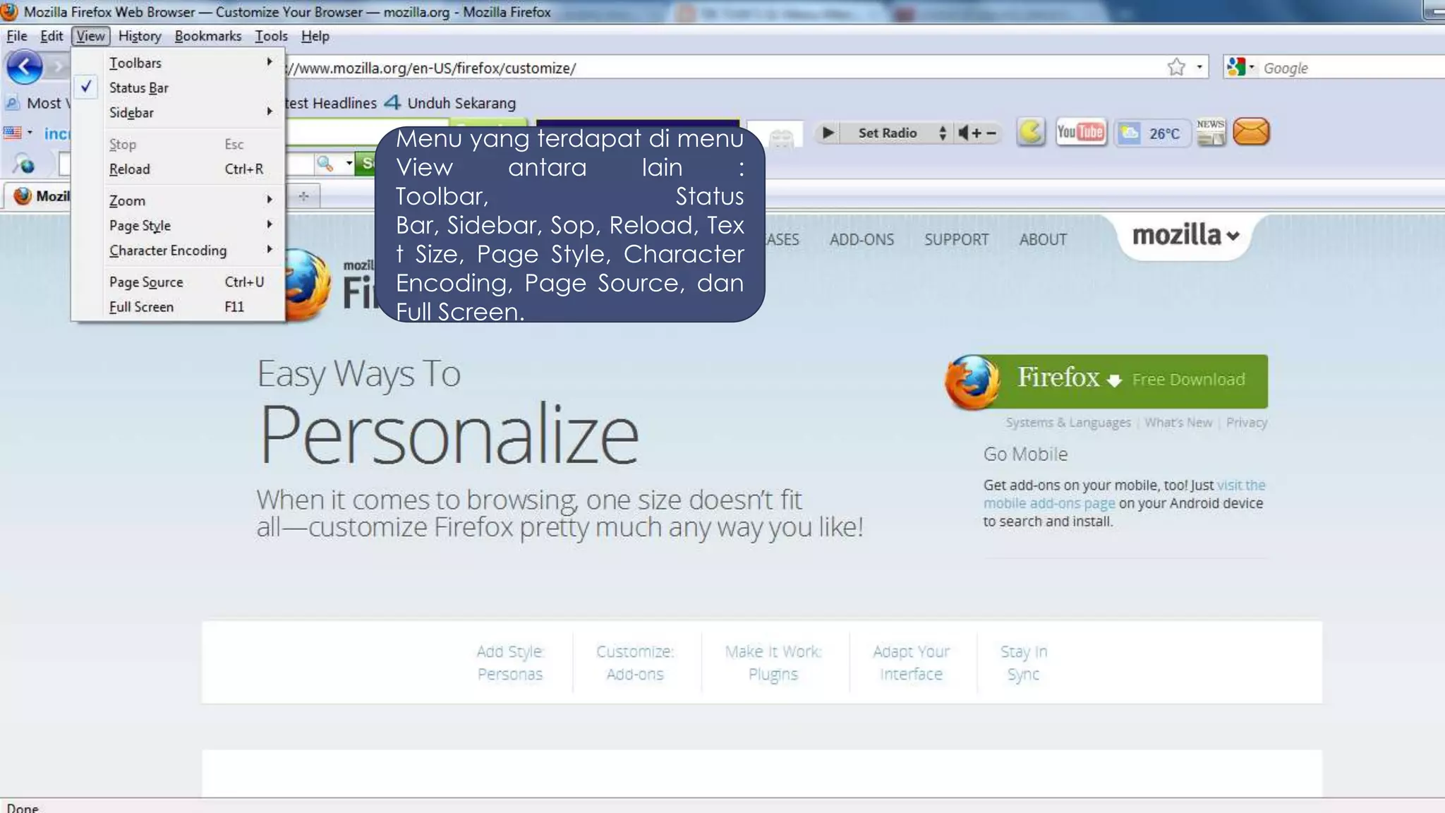 Menu yang terdapat di menu
View      antara      lain     :
Toolbar,                  Status
Bar, Sidebar, Sop, Reload, Tex
t Size, Page Style, Character
Encoding, Page Source, dan
Full Screen.
 