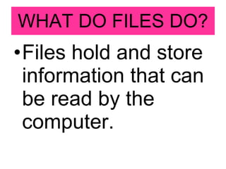 WHAT DO FILES DO? Files hold and store information that can be read by the computer. 