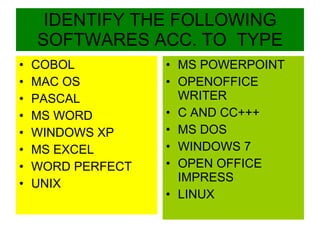 IDENTIFY THE FOLLOWING SOFTWARES ACC. TO  TYPE COBOL MAC OS PASCAL MS WORD WINDOWS XP MS EXCEL WORD PERFECT UNIX MS POWERPOINT OPENOFFICE WRITER C AND CC+++ MS DOS WINDOWS 7 OPEN OFFICE IMPRESS LINUX 