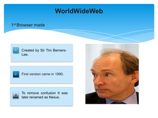WorldWideWeb

1st Browser made




 1   Created by Sir Tim Berners-
     Lee.




 2   First version came in 1990.




     To remove confusion It was
 3
     later renamed as Nexus.
 