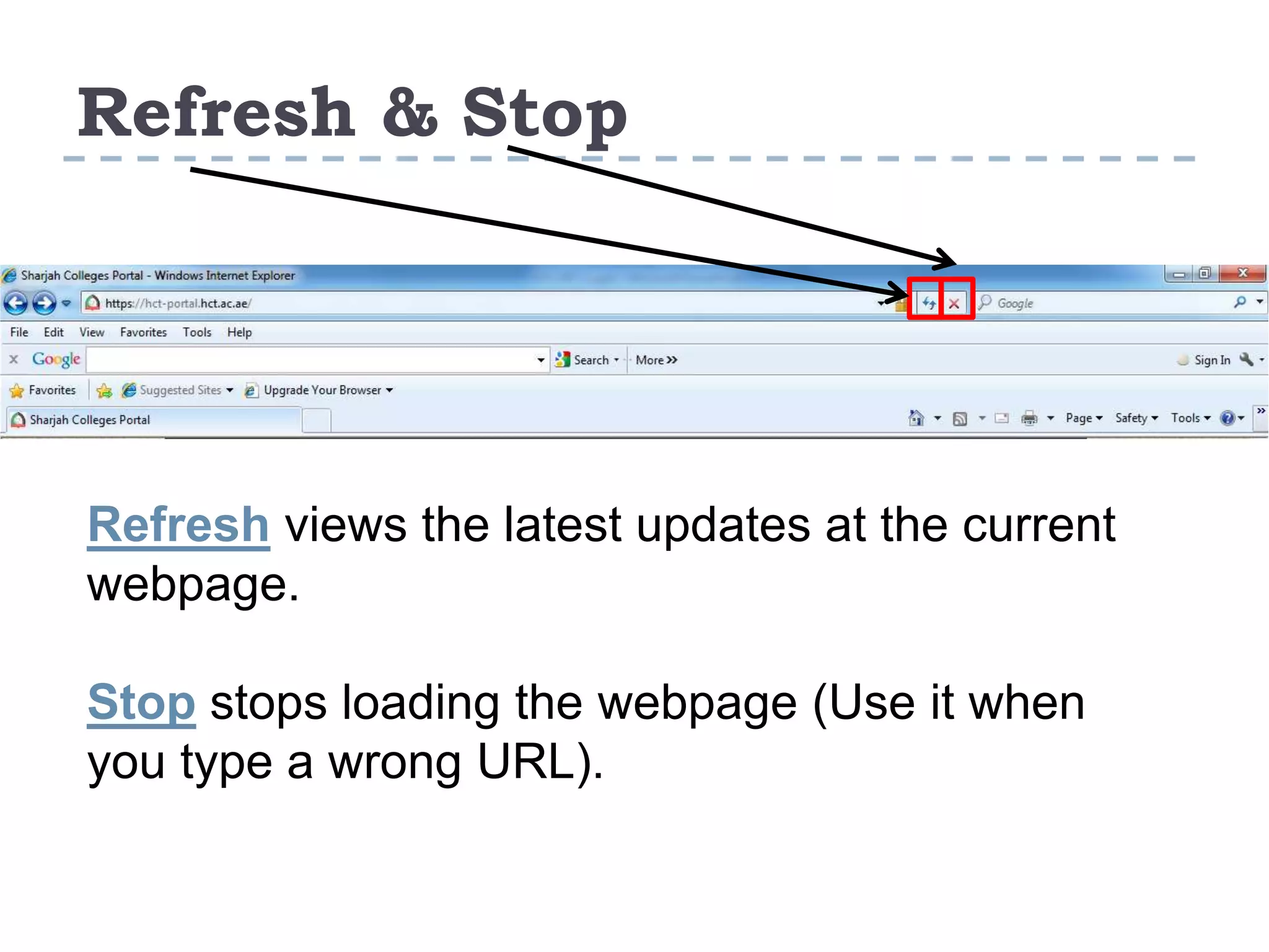 Refresh & Stop
Refresh views the latest updates at the current
webpage.
Stop stops loading the webpage (Use it when
you type a wrong URL).
 