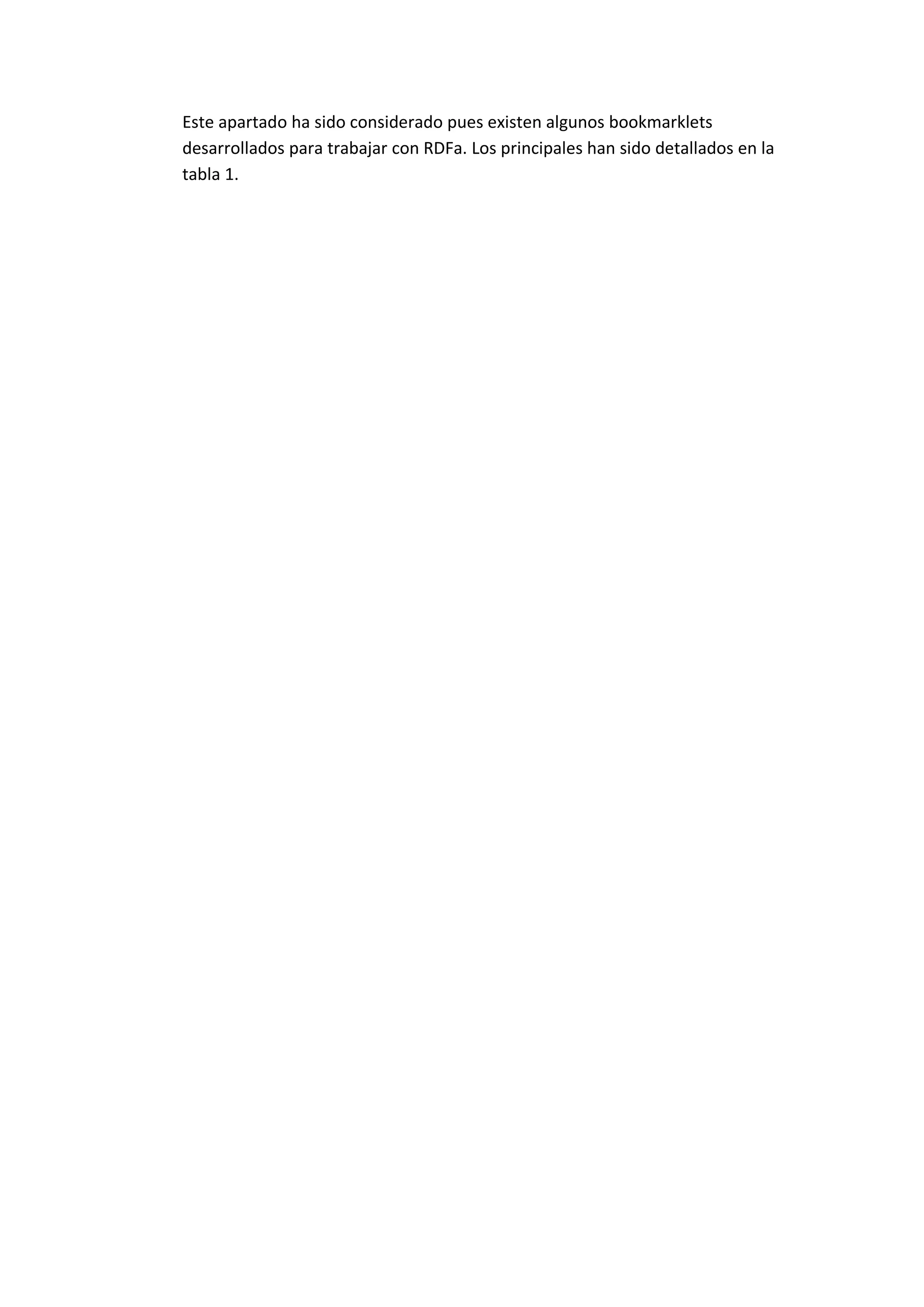 Este apartado ha sido considerado pues existen algunos bookmarklets
desarrollados para trabajar con RDFa. Los principales han sido detallados en la
tabla 1.
 