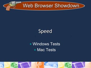 Web Browser ShowdownWeb Browser Showdown
SpeedSpeed
• Windows Tests
• Mac Tests
 