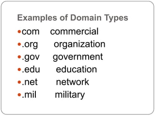 Examples of Domain Types
com

.org
.gov

.edu
.net

.mil

commercial
organization
government
education
network
military

 