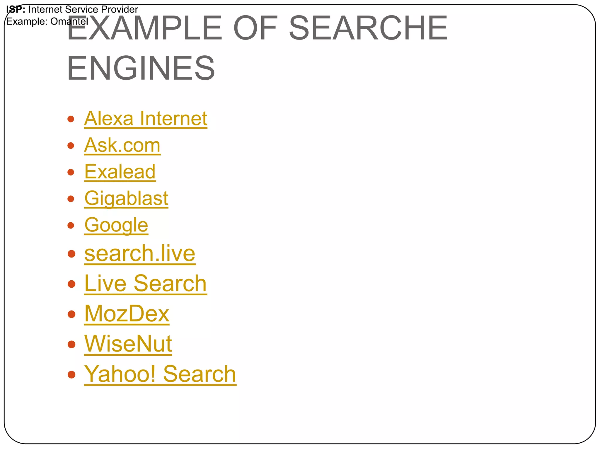 FILE TRANSFER PROTOCOL
 Is a recognized format that enables

users to transfer files between
different computers on the internet.
 FTP works in much the same way as
HTTP.
 HTTP works for transferring web
pages from a server to the user’s
browser.

 