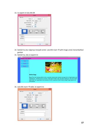13. Isi seperti ini lalu klik OK
14. Setelah itu atur alignnya menjadi center. Lalu klik insert  pilih image untuk menambahkan
gambar
15. Setelah itu, lalu isi seperti ini
16. Lalu klik insert  table. Isi seperti ini
17
 
