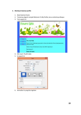 C. Membuat halaman profile
1. Buka halaman home
2. Tulisannya diganti menjadi Welcome To My Profile, terus contentnya dihapus
3. Tulis seperti ini
4. Klik insert  pilih table
5. Isi seperti ini
6. Kemudian isi yang kita inginkan
19
 