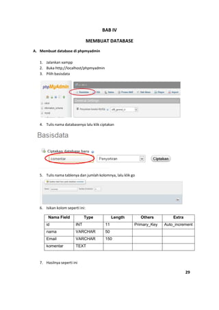 BAB IV
MEMBUAT DATABASE
A. Membuat database di phpmyadmin
1. Jalankan xampp
2. Buka http;//localhost/phpmyadmin
3. Pilih basisdata
4. Tulis nama databasenya lalu klik ciptakan
5. Tulis nama tablenya dan jumlah kolomnya, lalu klik go
6. Isikan kolom seperti ini:
Nama Field Type Length Others Extra
id INT 11 Primary_Key Auto_increment
nama VARCHAR 50
Email VARCHAR 150
komentar TEXT
7. Hasilnya seperti ini
29
 