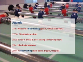 Agenda
17h : Welcome / Beer tasting (geuze, white/red beers)

17.30 : 10 minute sessions

18.15h : food, drinks & beer tasting (refreshing beers)

19h : 10 minute sessions

19.45h : Beer tasting (dark beers, trippel, trappist)
 