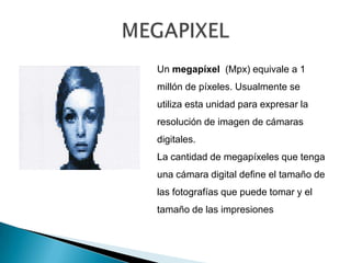 MEGAPIXELUn megapíxel(Mpx) equivale a 1 millón de píxeles. Usualmente se utiliza esta unidad para expresar la resolución de imagen de cámaras digitales.La cantidad de megapíxeles que tenga una cámara digital define el tamaño de las fotografías que puede tomar y el tamaño de las impresiones 