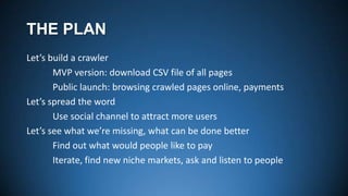 THE PLAN
Let’s build a crawler
MVP version: download CSV file of all pages
Public launch: browsing crawled pages online, payments
Let’s spread the word
Use social channel to attract more users
Let’s see what we’re missing, what can be done better
Find out what would people like to pay
Iterate, find new niche markets, ask and listen to people

 
