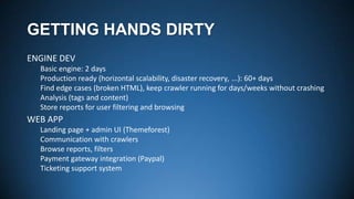 GETTING HANDS DIRTY
ENGINE DEV
Basic engine: 2 days
Production ready (horizontal scalability, disaster recovery, ...): 60+ days
Find edge cases (broken HTML), keep crawler running for days/weeks without crashing
Analysis (tags and content)
Store reports for user filtering and browsing

WEB APP
Landing page + admin UI (Themeforest)
Communication with crawlers
Browse reports, filters
Payment gateway integration (Paypal)
Ticketing support system

 