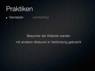 Praktiken
"   Vernetzen 
      
connecting



                  Besucher der Website werden
        mit anderen Akteuren in Verbindung gebracht

 