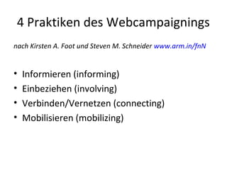 4 Praktiken des Webcampaignings
nach Kirsten A. Foot und Steven M. Schneider www.arm.in/fnN


•   Informieren (informing)
•   Einbeziehen (involving)
•   Verbinden/Vernetzen (connecting)
•   Mobilisieren (mobilizing)
 